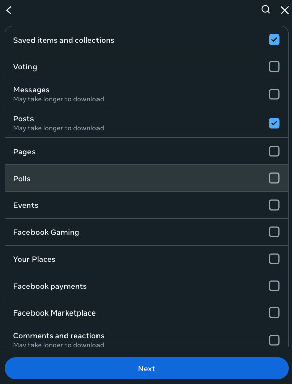 Selecting the account and types of information to archive