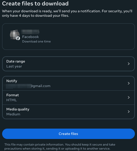 Finalizing the download settings for creating Facebook archive files