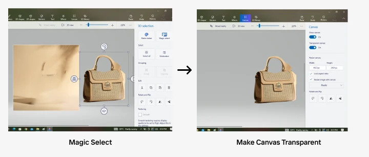 Paint 3D's Magic Select tool highlighted on the toolbar