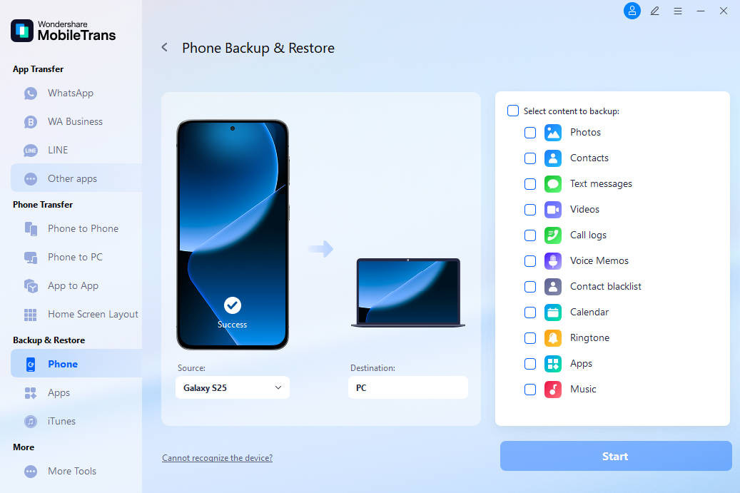 MobileTrans interface showing options to select data types for backup and initiate the transfer process