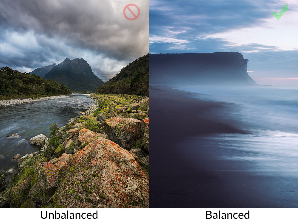 Images showing a balanced and unbalanced shot based on the visual weight of elements.