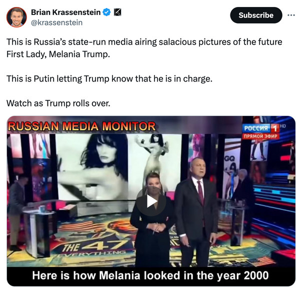 X user @namwella1961 post about Melania Trump nude photos on Russian TV, questioning the normalcy of such an event