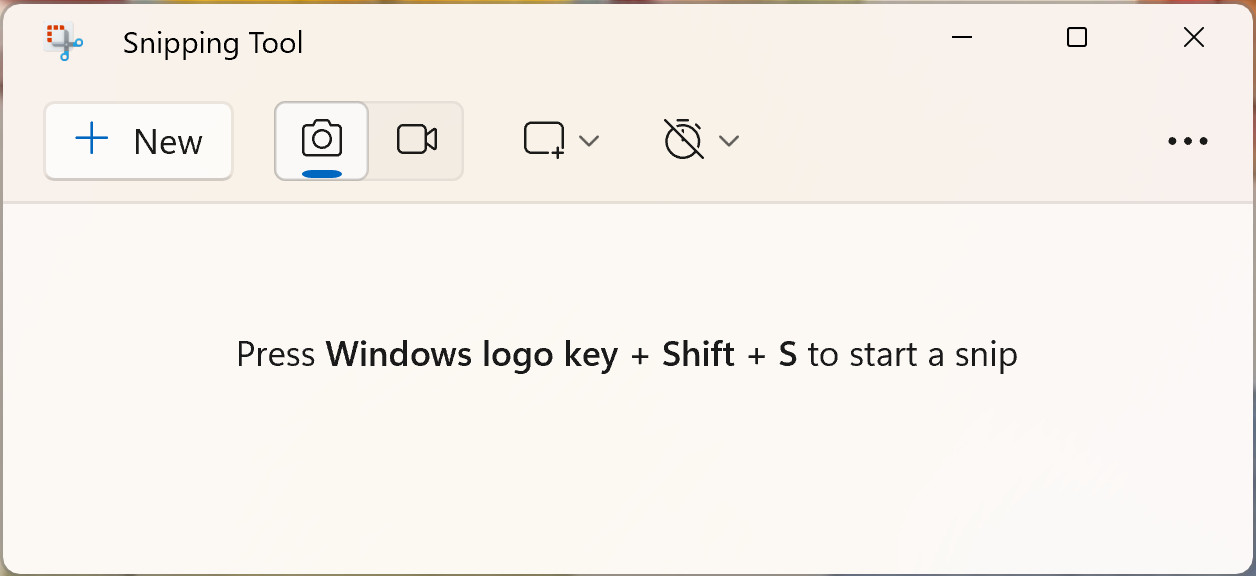 Snipping Tool UI at startup, ready to capture screenshots.