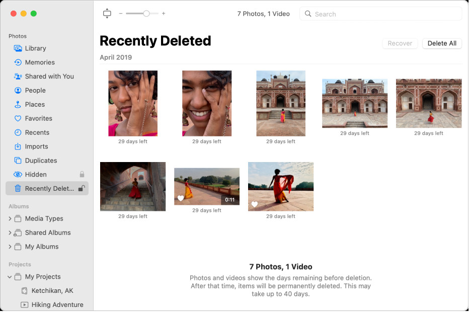 Photos window showing Recently Deleted selected in the sidebar and recently deleted items on the right.