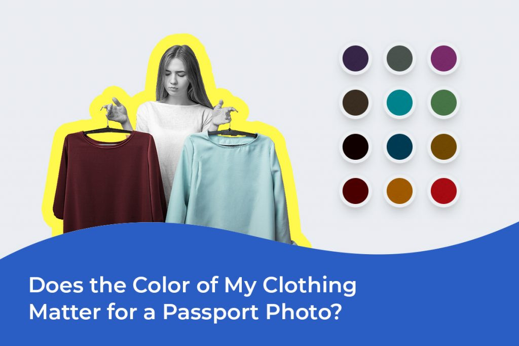 Woman wearing dark blue shirt for passport photo, against a light gray background