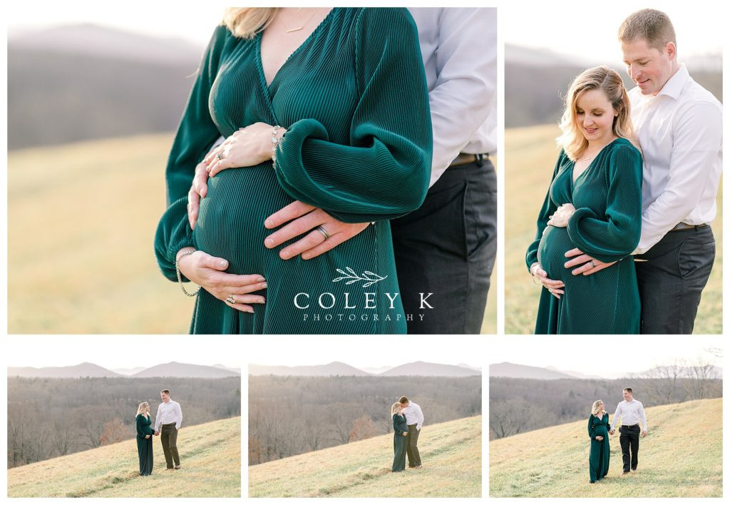 Pregnant woman standing with her partner in a mountain landscape, partner embracing her from behind, both looking lovingly at her belly, natural light, connection and love, maternity photography inspiration