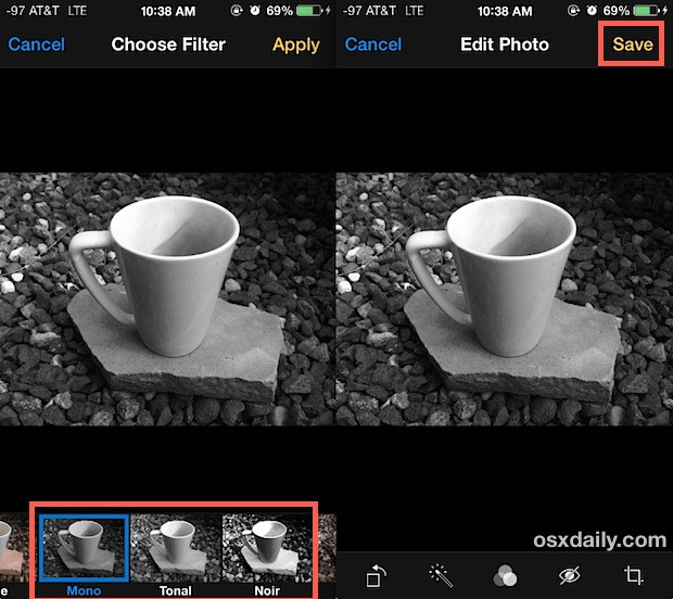 Adjust black and white settings on the iPhone to make a BW photo