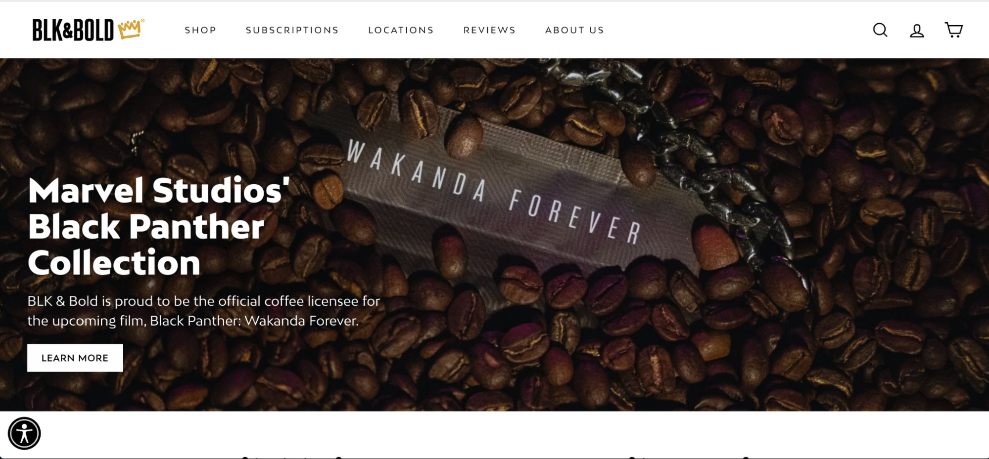 BLK and Bold coffee ecommerce website features a hero image of their Marvel Studios coffee beans