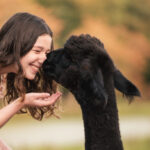 An alpaca with a child.