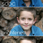 A little boy standing in front a log pile and edited versions of the same photo