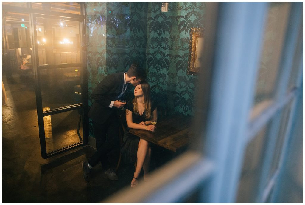Cozy Bar Setting: Engagement photos at BTG Wine Bar in Salt Lake City