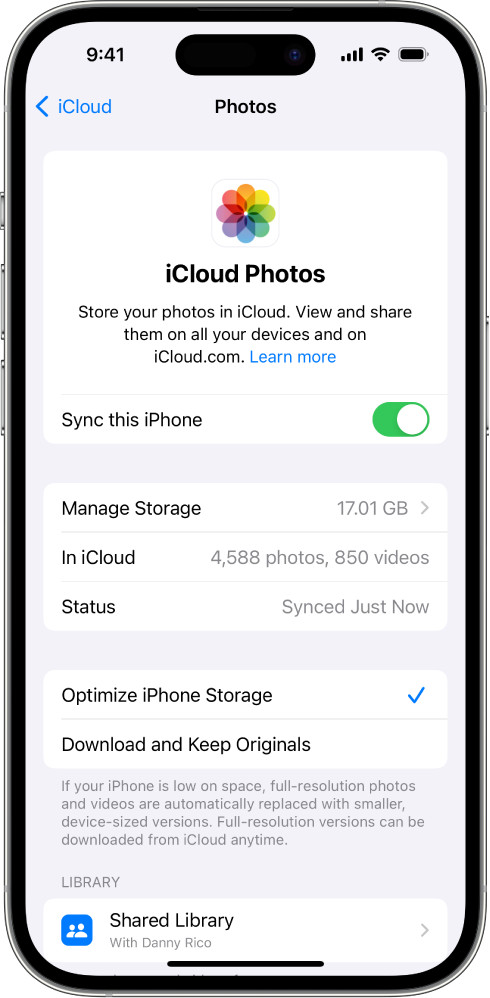 iCloud Photos settings on iPad showing the toggle to sync photos to iCloud.