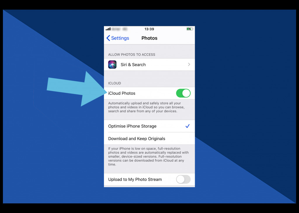 Enable iCloud Photos in Settings to sync your photo library