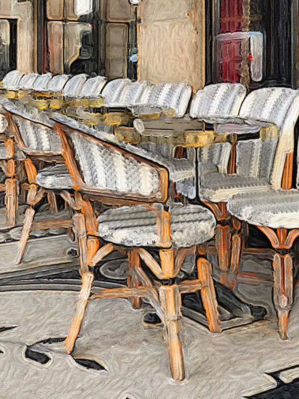 Chairs at a cafe transformed with a painterly app