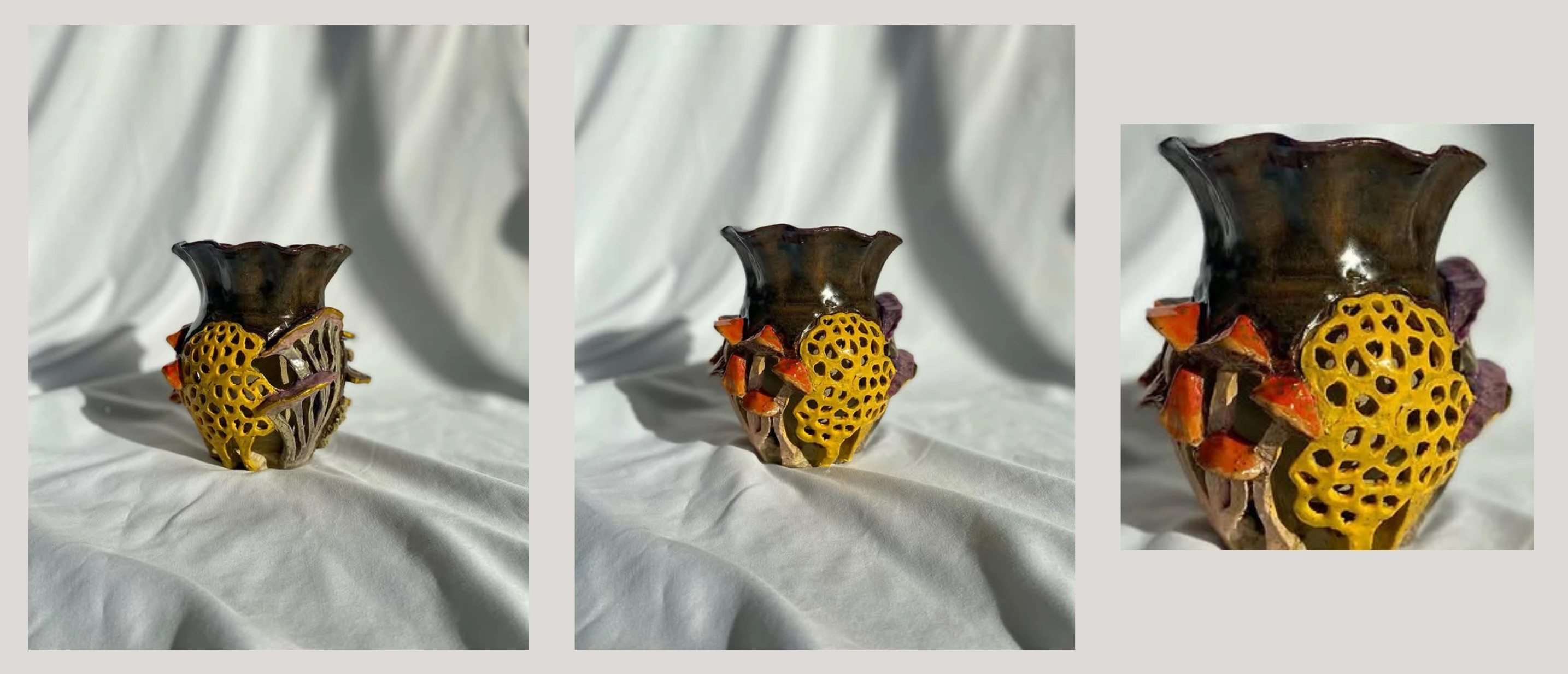 Handcrafted ceramic vase with detailed textures and colors, displayed from three different angles.