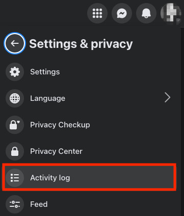 Accessing the activity log in Facebook settings