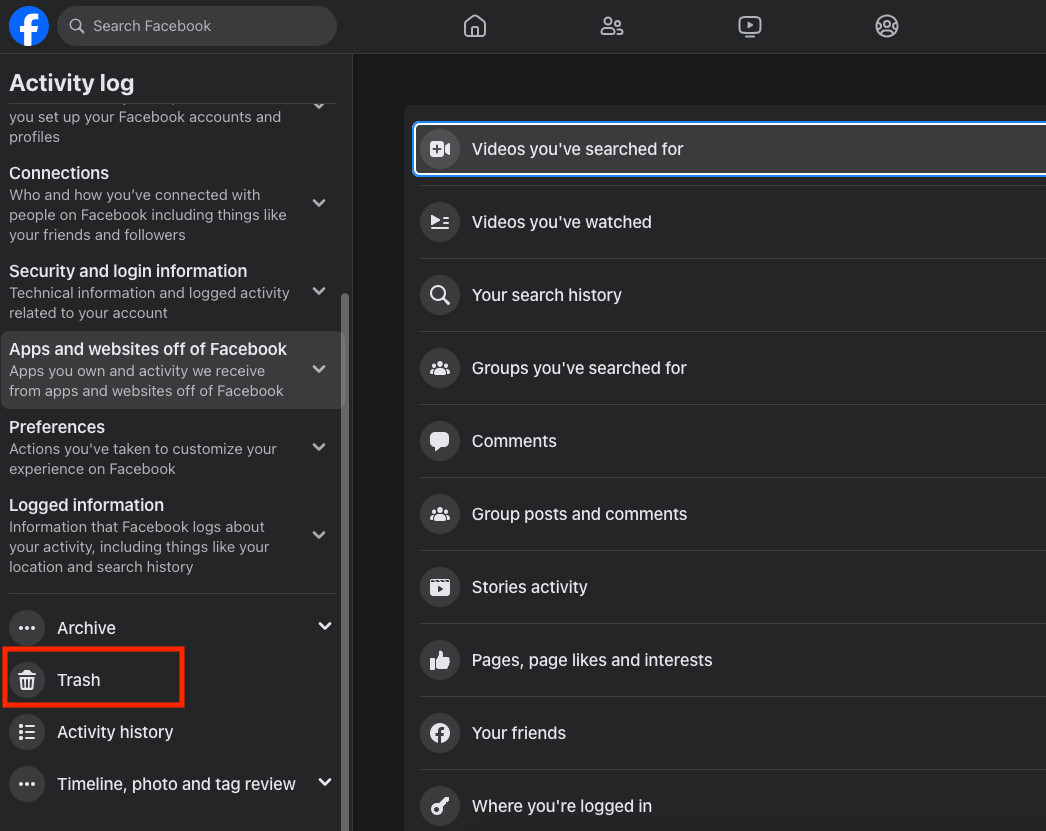 Locating the trash folder in the activity log