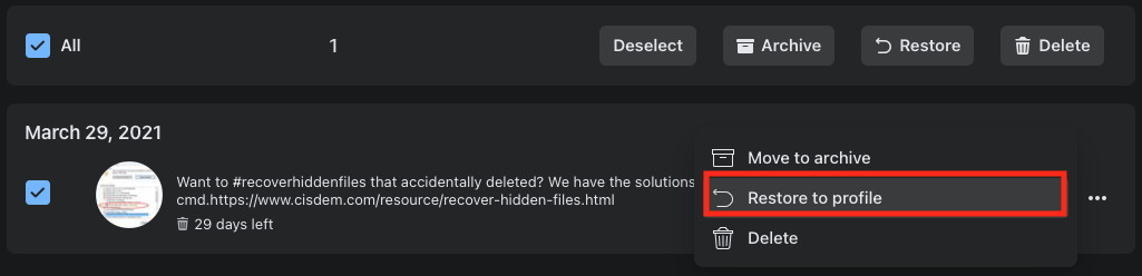 Restoring a post from the trash to the profile