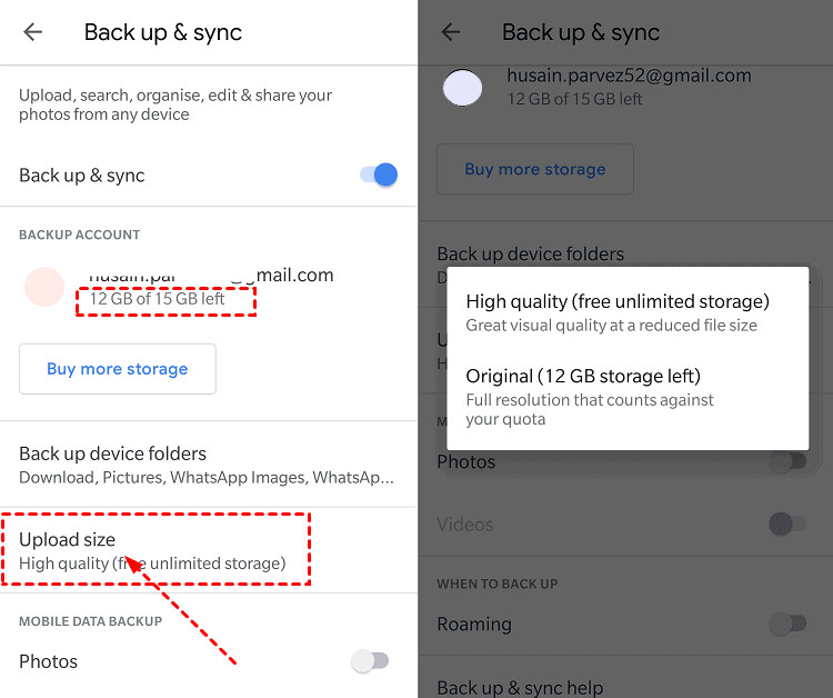Check Google Account Storage and Change Upload Size