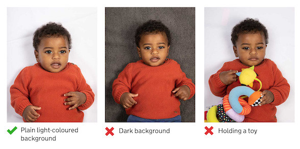 Child Passport Photo Example: Child facing forward, neutral background, and no visible support.