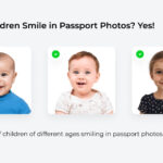 Examples of children of different ages smiling in passport photos.