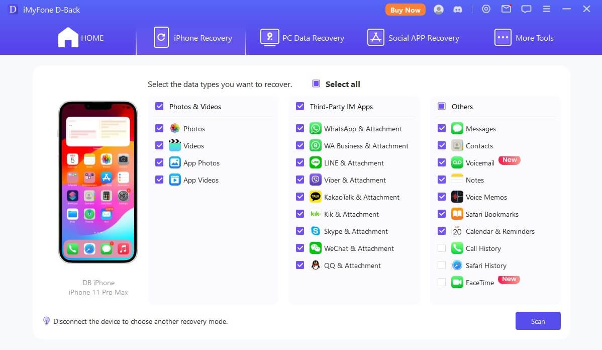The scanning process in iMyFone D-Back, showing the various data types being scanned on an iPhone