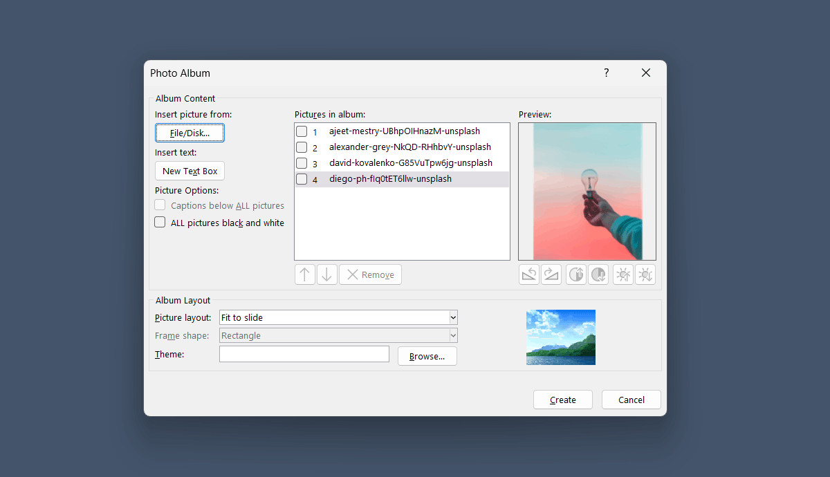 Accessing the Photo Album feature in PowerPoint using the insert tab and image options