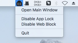 clicking the lock icon in the menu bar bringing up the Open Main Window option and three other options