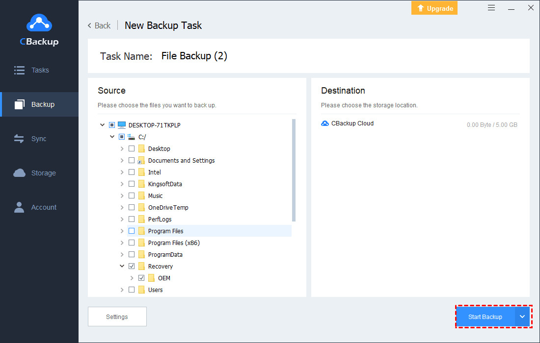 Start Backup to CBackup Cloud