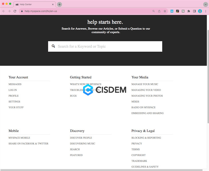 MySpace help center search bar