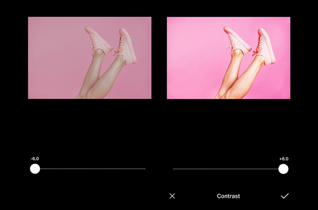 Side-by-side contrast adjustment of pink shoes on pink background, showing low and high contrast levels.