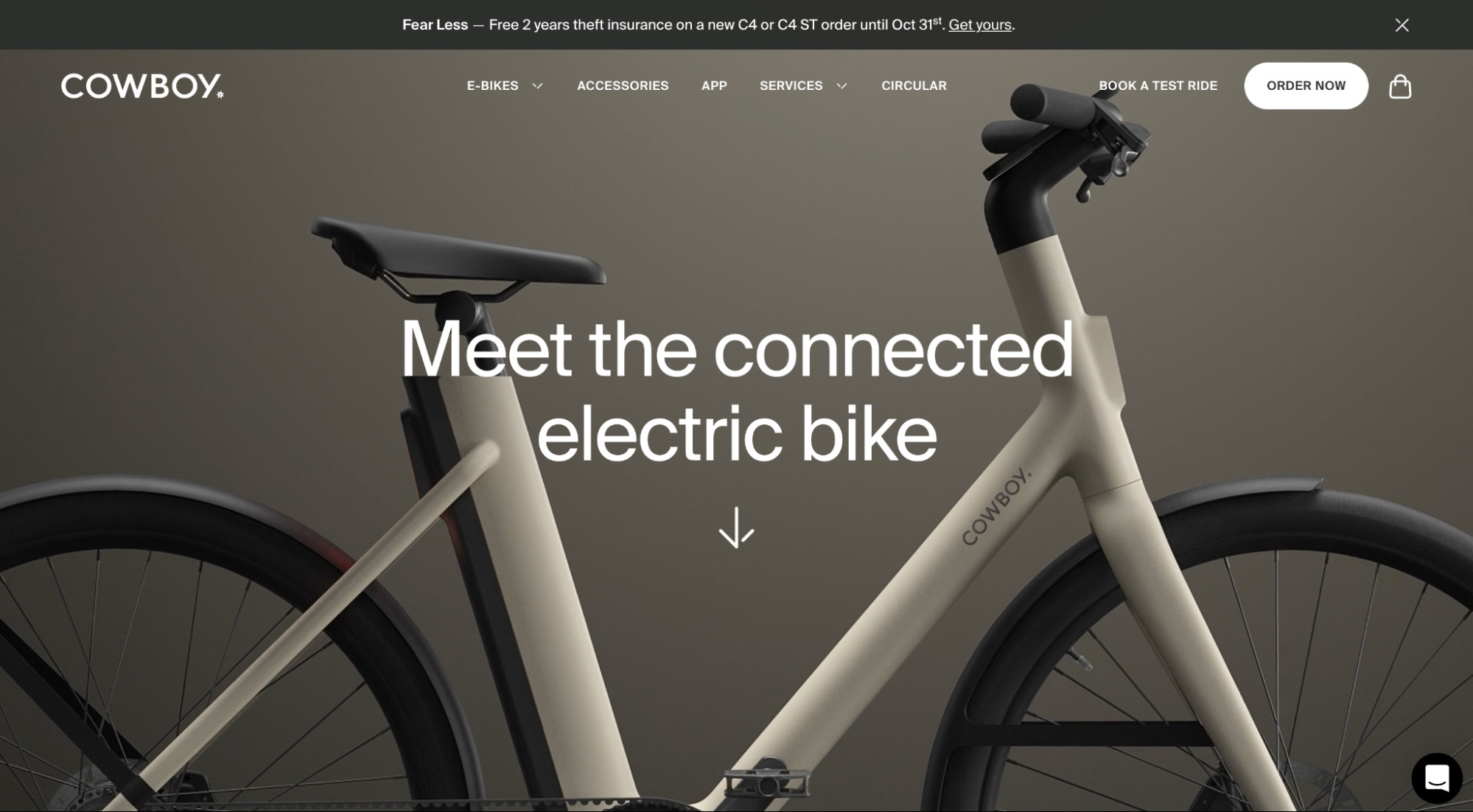 Cowboy ecommerce website with full-screen high-quality image of electric bike