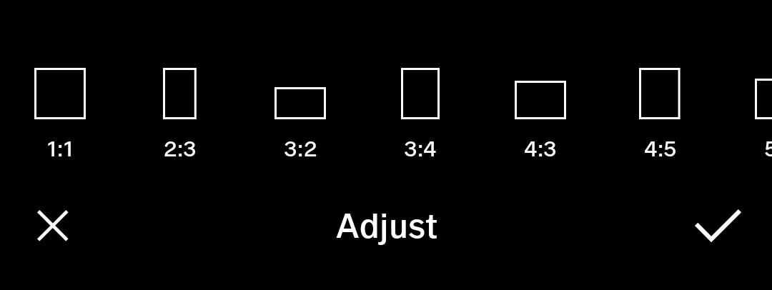 Crop ratio selection menu showing various aspect ratios with adjust option.