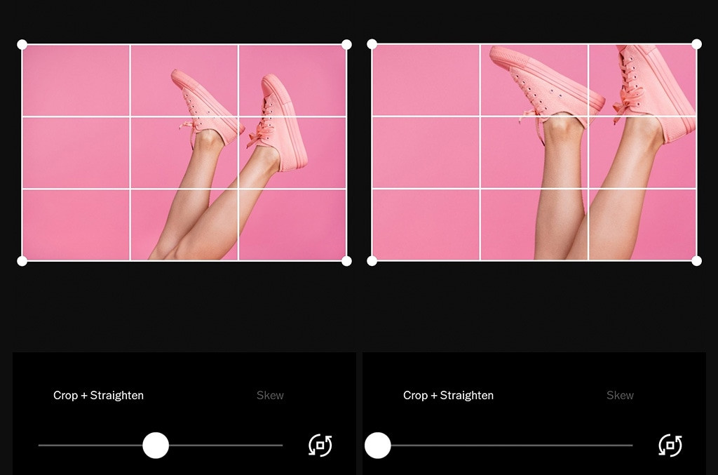 Side-by-side comparison of cropped and straightened pink shoes against a pink background.