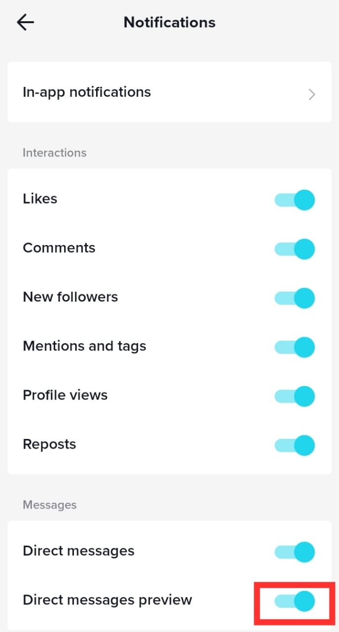 A step-by-step visual guide on how to turn off direct message notifications on TikTok, focusing on accessing settings, privacy, and notification options for focused app usage.