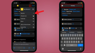 Renaming the image overlay shortcut for easy access and identification. The image shows the user interface of the Shortcuts app where the shortcut is being renamed.