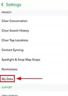 Accessing the My Data option in Snapchat settings