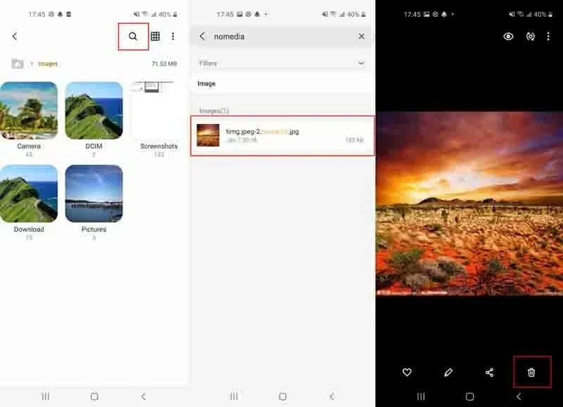 Deleting a .nomedia file in a file manager app on an Android device, restoring visibility of photos