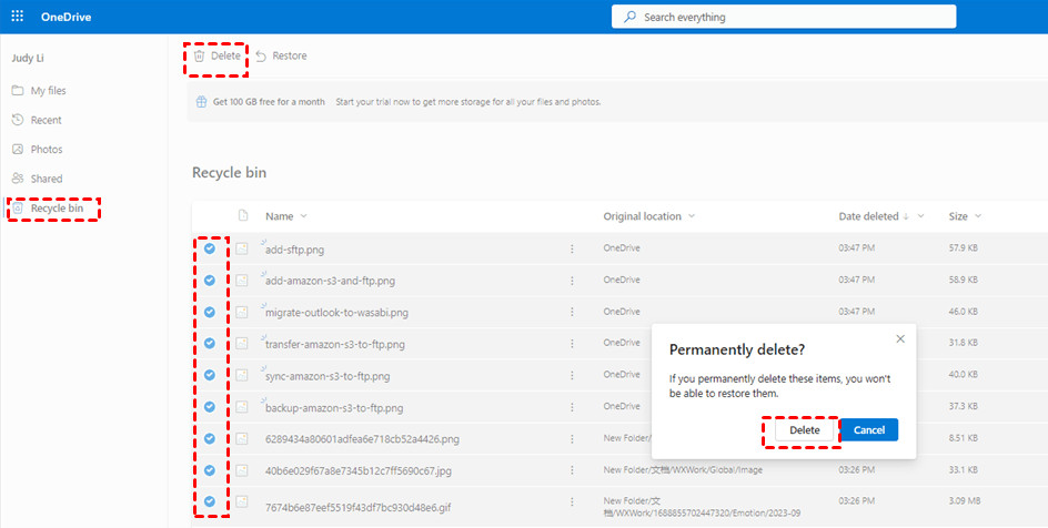Permanently deleting photos from OneDrive recycle bin