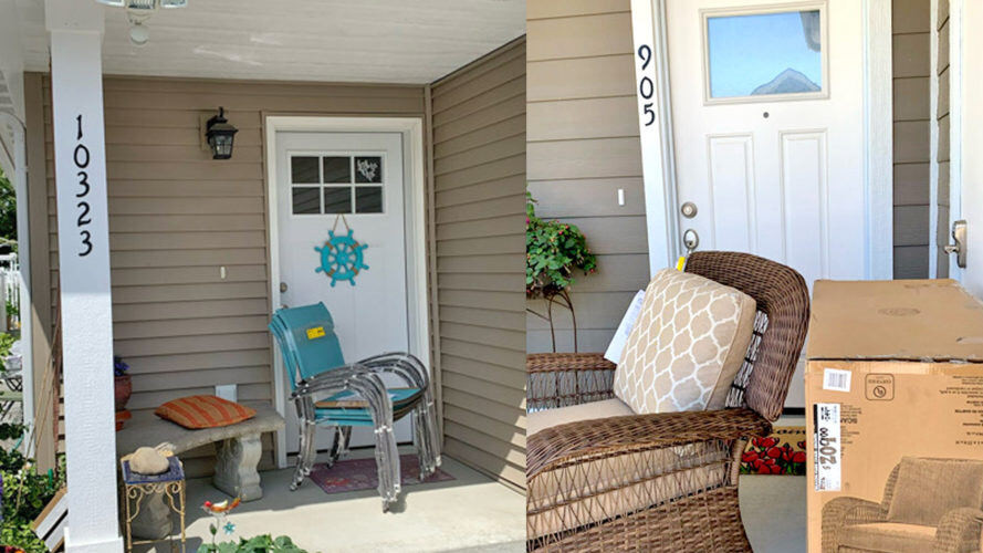 Wide angle shot of delivery package on doorstep with house number visible