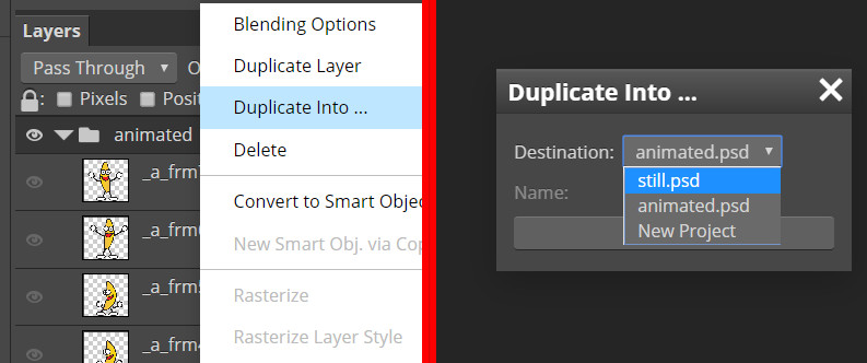 Duplicate into option in Photopea