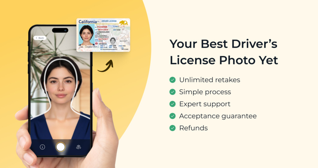 Benefits of using PhotoAiD for driver's license photos, highlighting simplicity, unlimited retakes, and expert support