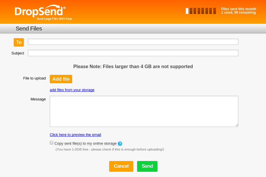 DropSend interface illustrating the simple process of uploading files and entering the recipient's email address