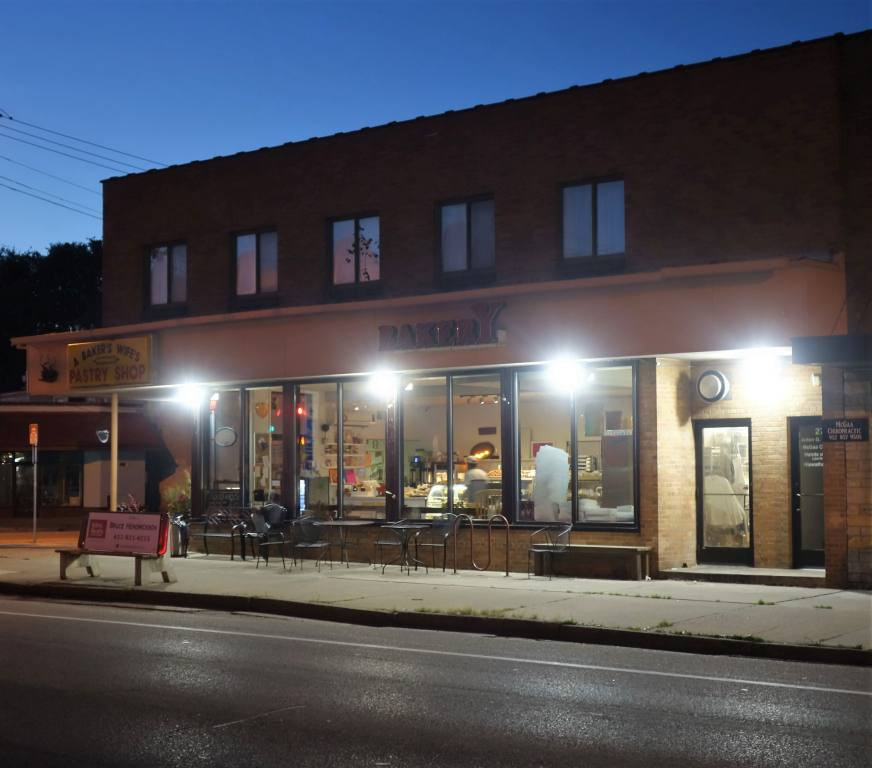 A view of A Baker's Wife's Pastry Shop, located in the Powderhorn neighborhood of Minneapolis, showcasing its exterior