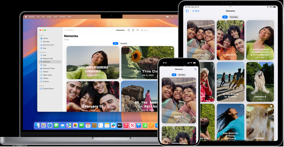 iPhone, MacBook, and iPad all showing memories from the same photo library
