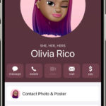 A Memoji contact poster on an iPhone screen, showcasing a custom avatar with a blurred background.