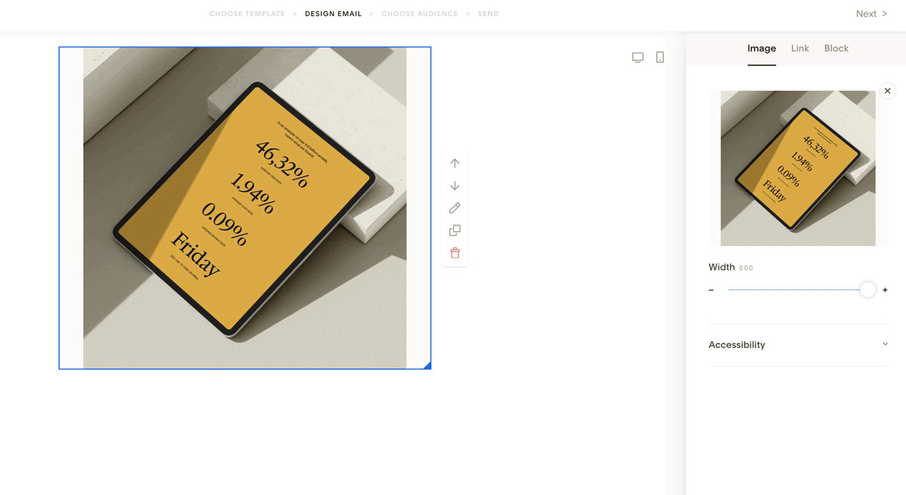 Resizing an image within the Flodesk email editor
