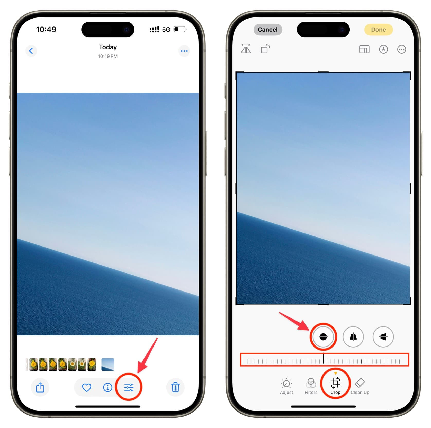 Edit a photo on iPhone and select crop tool