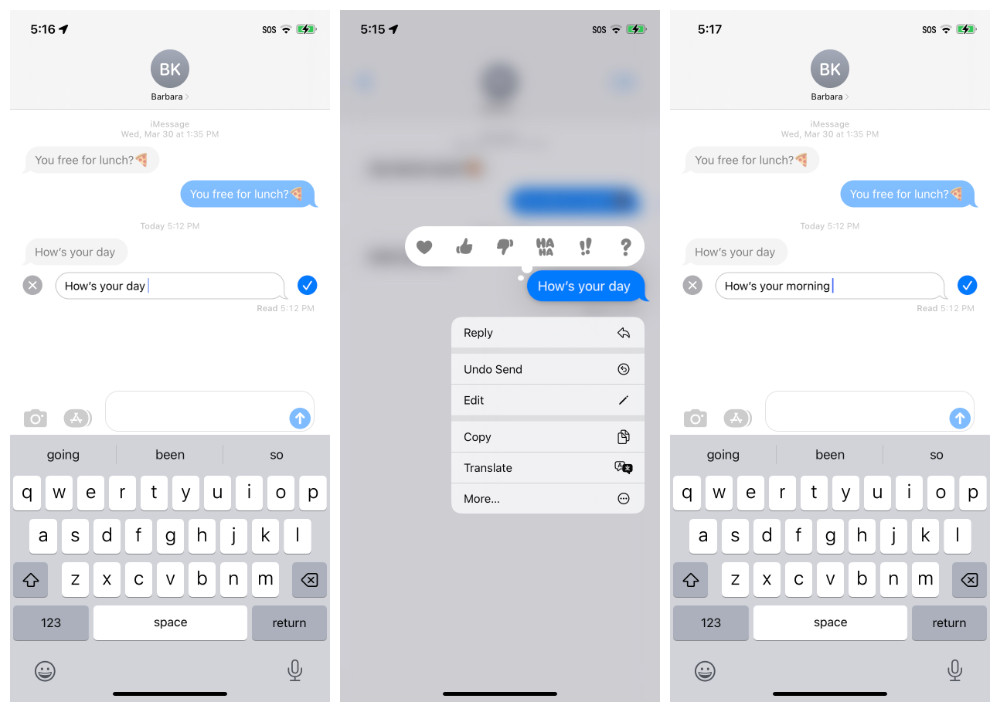 Three iOS screens showing the process of editing a message