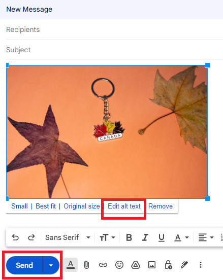 Editing the alt text of an image in Gmail